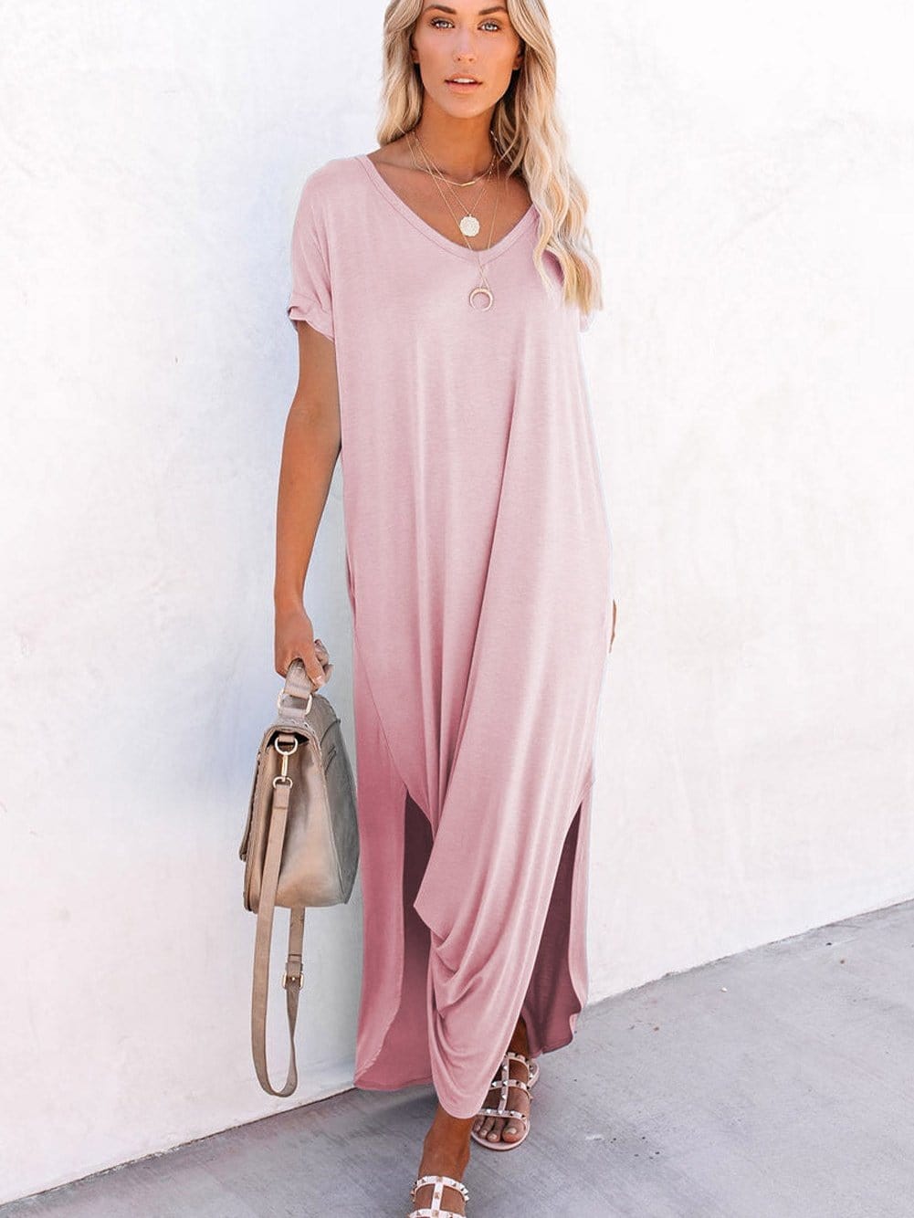 Pink V Neck Maxi T-shirt Dress with Hidden Pocket Splits