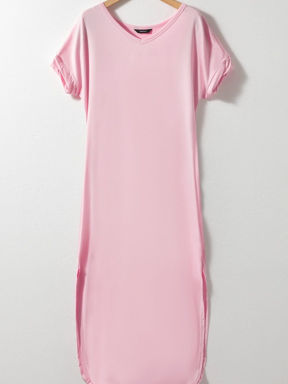 Pink V Neck Maxi T-shirt Dress with Hidden Pocket Splits