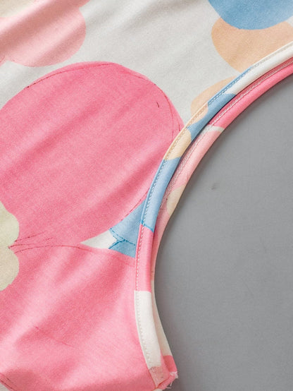 Pink Vintage Floral Sleeveless Top with Round Neck