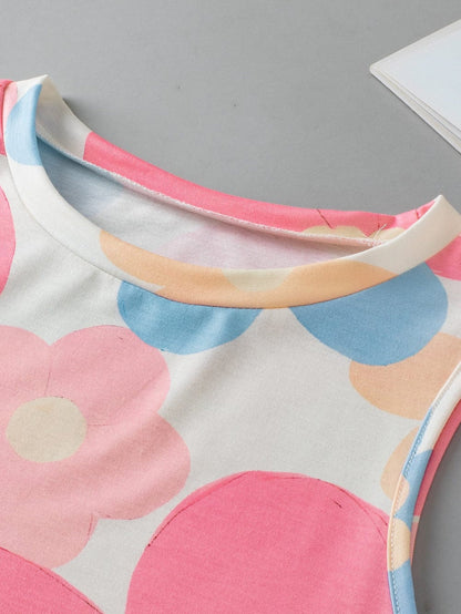 Pink Vintage Floral Sleeveless Top with Round Neck