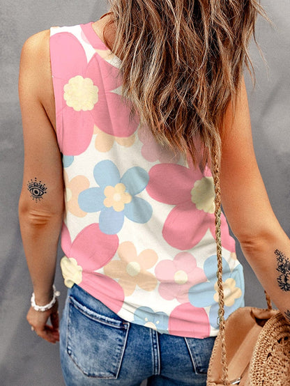 Pink Vintage Floral Sleeveless Top with Round Neck
