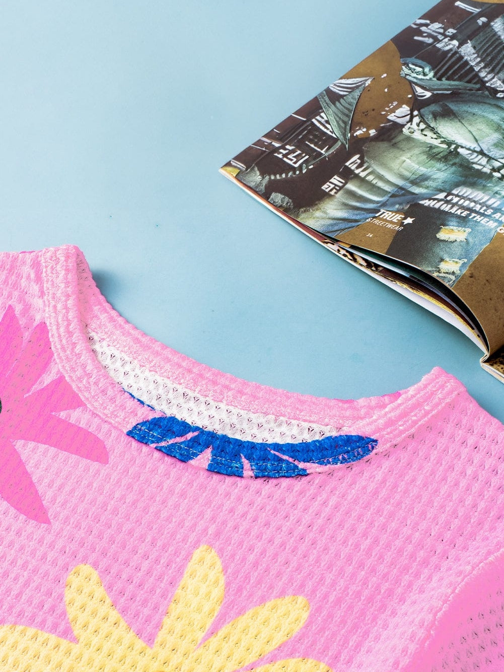 Pink Waffle Knit Floral Print Puff Sleeve T-Shirt with Southern Belle Style