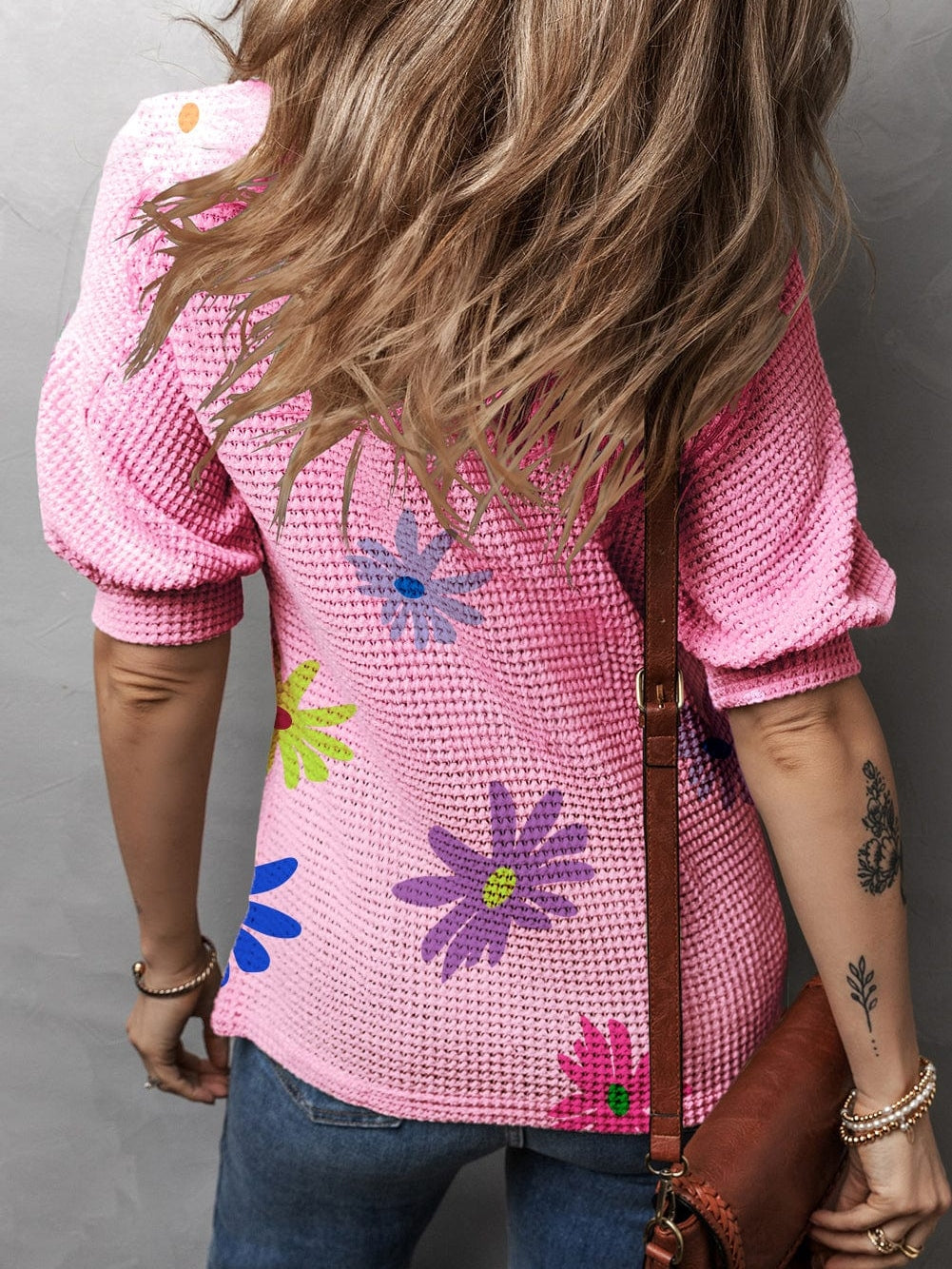 Pink Waffle Knit Floral Print Puff Sleeve T-Shirt with Southern Belle Style