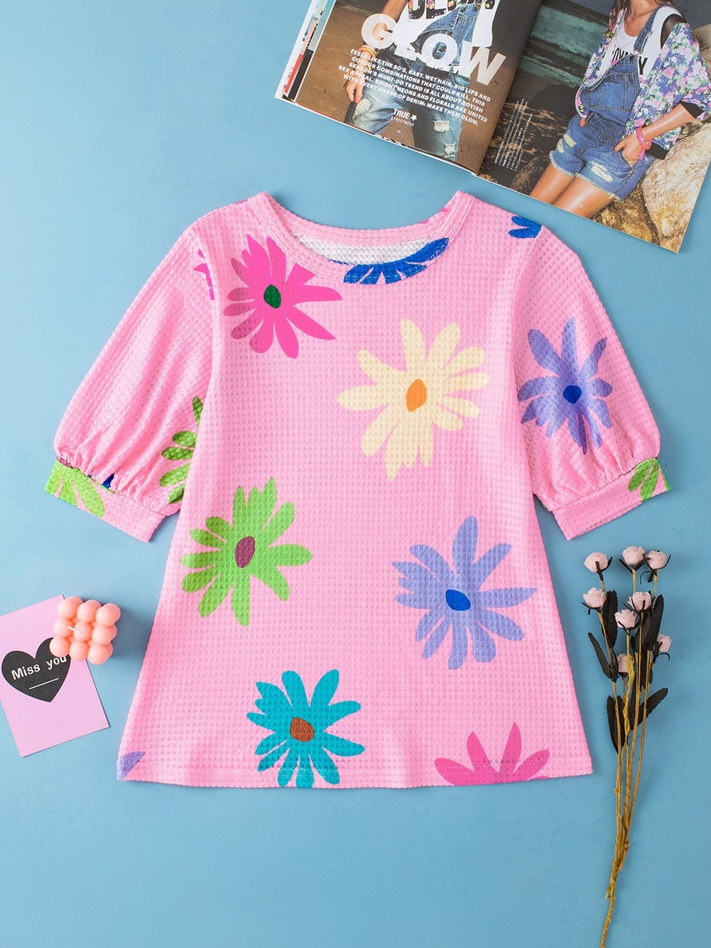 Pink Waffle Knit Floral Print Puff Sleeve T-Shirt with Southern Belle Style