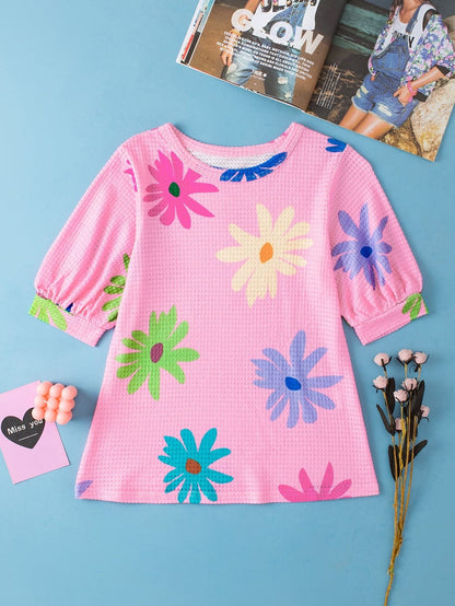 Pink Waffle Knit Floral Print Puff Sleeve T-Shirt with Southern Belle Style
