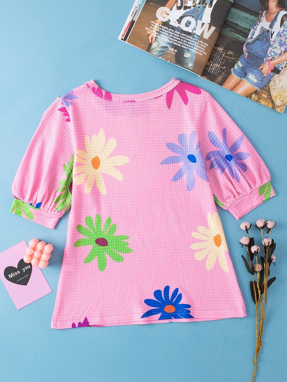 Pink Waffle Knit Floral Print Puff Sleeve T-Shirt with Southern Belle Style