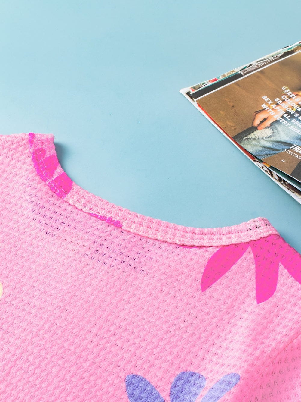 Pink Waffle Knit Floral Print Puff Sleeve T-Shirt with Southern Belle Style