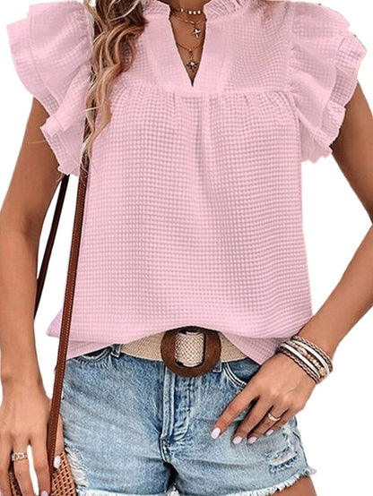 Pink Waffle Knit Notch Neck Ruffle Sleeve Blouse