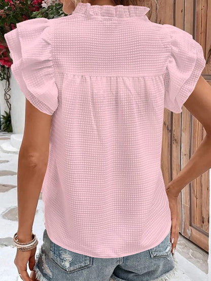 Pink Waffle Knit Notch Neck Ruffle Sleeve Blouse