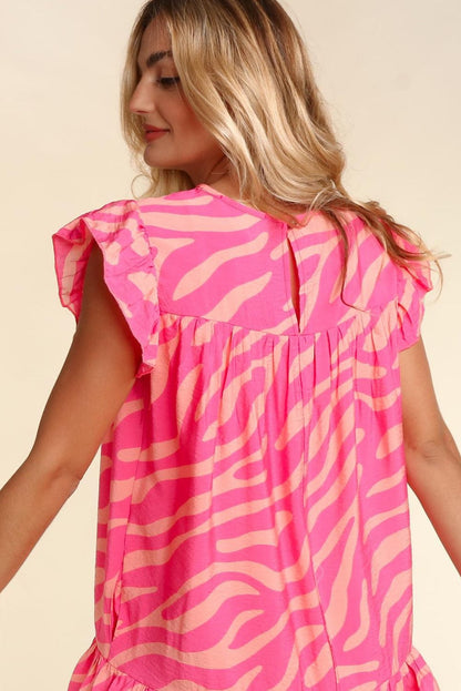 Pink Zebra Stripe Ruffle Trim Mini Dress with Pockets
