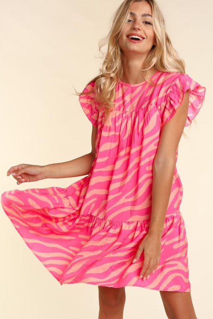 Pink Zebra Stripe Ruffle Trim Mini Dress with Pockets