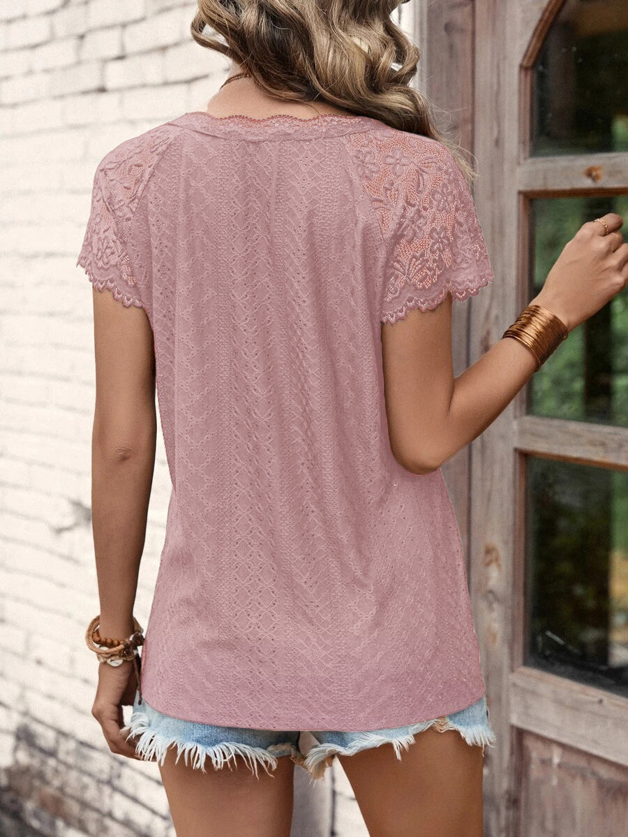 T-Shirts - V-Neck Stitching Lace Loose Short-Sleeved T-Shirt - MsDressly