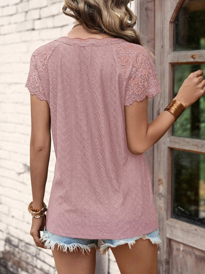 T-Shirts - V-Neck Stitching Lace Loose Short-Sleeved T-Shirt - MsDressly