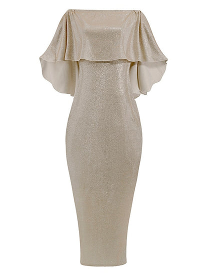 Women's Dress - Formal Party Dress Cocktail Dress Long Dress Maxi Dress Silver Black Champagne Half Sleeve Pure Color Cold Shoulder Winter Fall Spring Off Shoulder Mature Evening Party Wedding