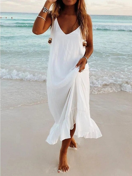 Women's Dress - Casual Dress Swing Dress White Dress Long Dress Maxi Dress Light Blue Black Yellow Sleeveless Ruffle Spring Summer V Neck S M L XL XXL XXXL