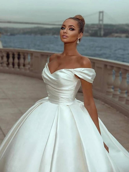 Engagement Formal Wedding Dresses Ball Gown Off Shoulder Cap Sleeve Court Train Satin Bridal Gowns With Ruched Solid Color 2023 Summer Wedding Party, Women's Clothing - LuckyFash™