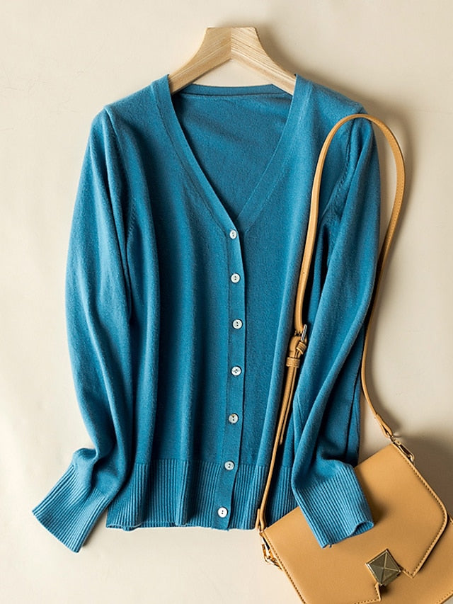Women's Cardigan Sweater V Neck Ribbed Knit Polyester Button Fall Winter Short Daily Going out Weekend Stylish Casual Soft Long Sleeve Solid Color Haze blue Black White S M L