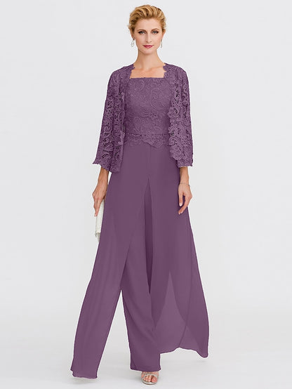 Jumpsuit / Pantsuit Mother of the Bride Dress Formal Plus Size Elegant Square Neck Floor Length Chiffon Corded Lace Sleeveless Wrap Included with Lace Appliques 2023 - LuckyFash™