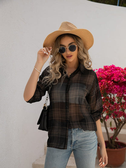 Plaid Hong Kong Style Long Sleeve Blouse
