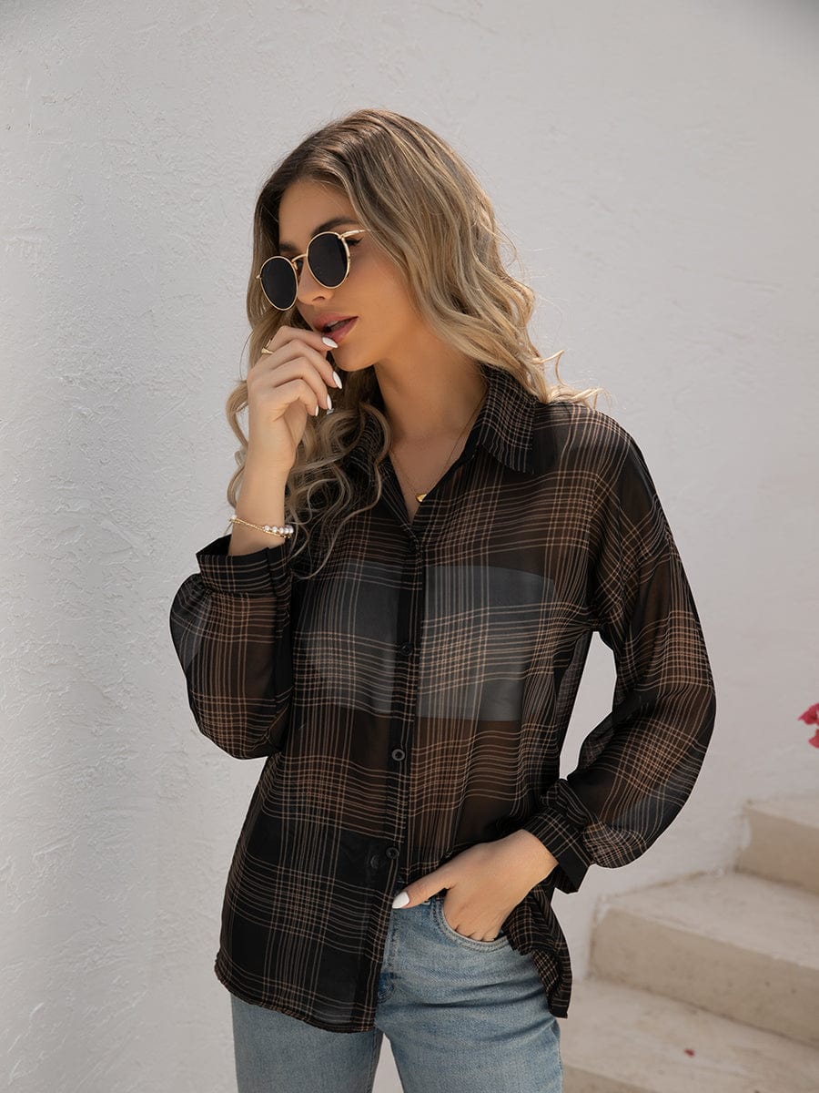 Plaid Hong Kong Style Long Sleeve Blouse