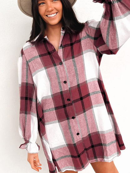 Plaid Print Ruffle Sleeve Shirt Dress with Collared Neck