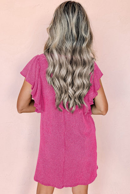 Playful Rose Red Textured Flutter Sleeve Mini Dress