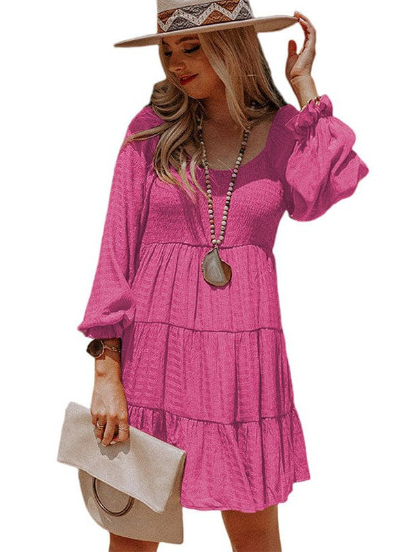 Pleated Ethnic Style U-Shaped Collar Dress with Puff Sleeves