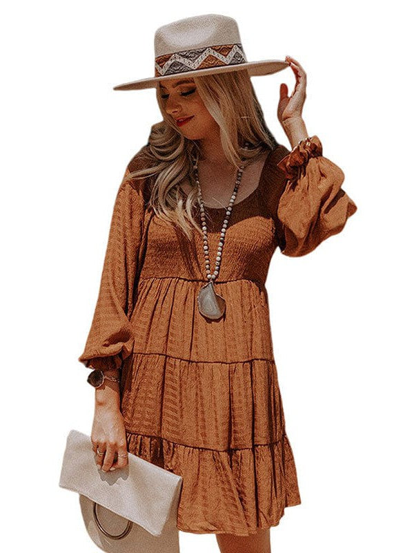 Pleated Ethnic Style U-Shaped Collar Dress with Puff Sleeves
