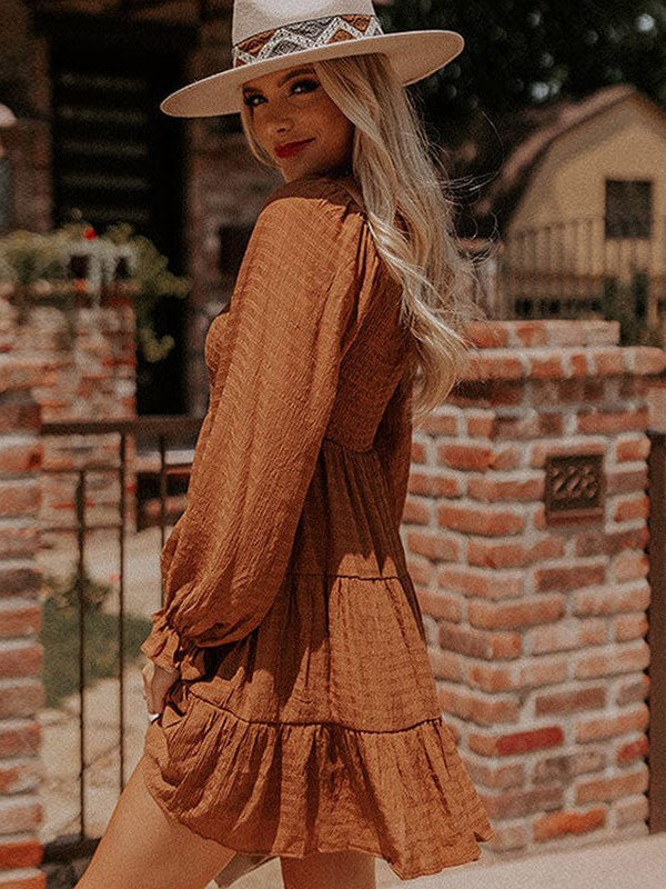 Pleated Ethnic Style U-Shaped Collar Dress with Puff Sleeves