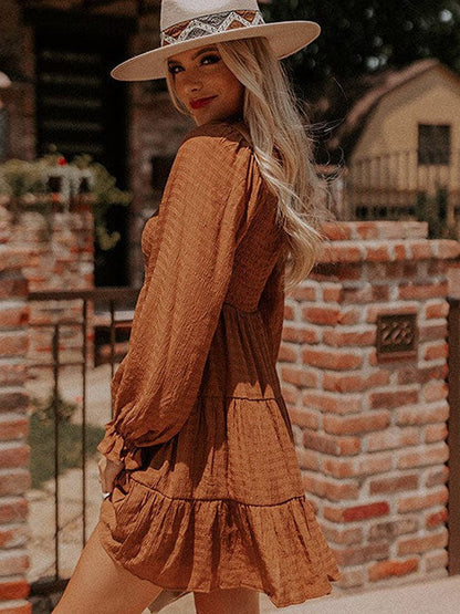 Pleated Ethnic Style U-Shaped Collar Dress with Puff Sleeves