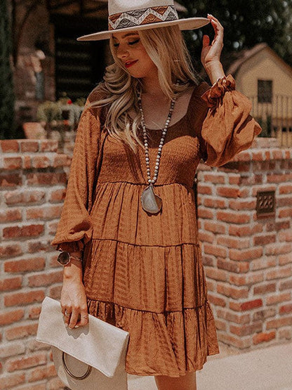 Pleated Ethnic Style U-Shaped Collar Dress with Puff Sleeves