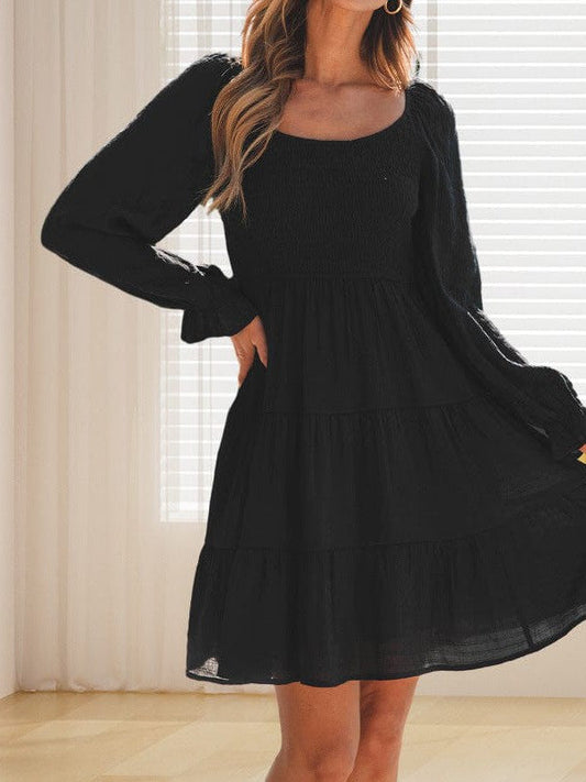 Pleated Ethnic Style U-Shaped Collar Dress with Puff Sleeves