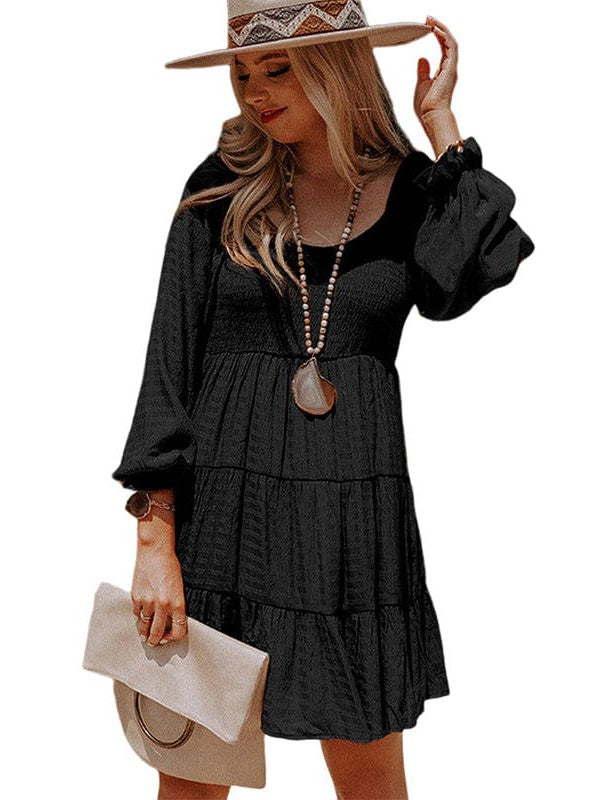 Pleated Ethnic Style U-Shaped Collar Dress with Puff Sleeves