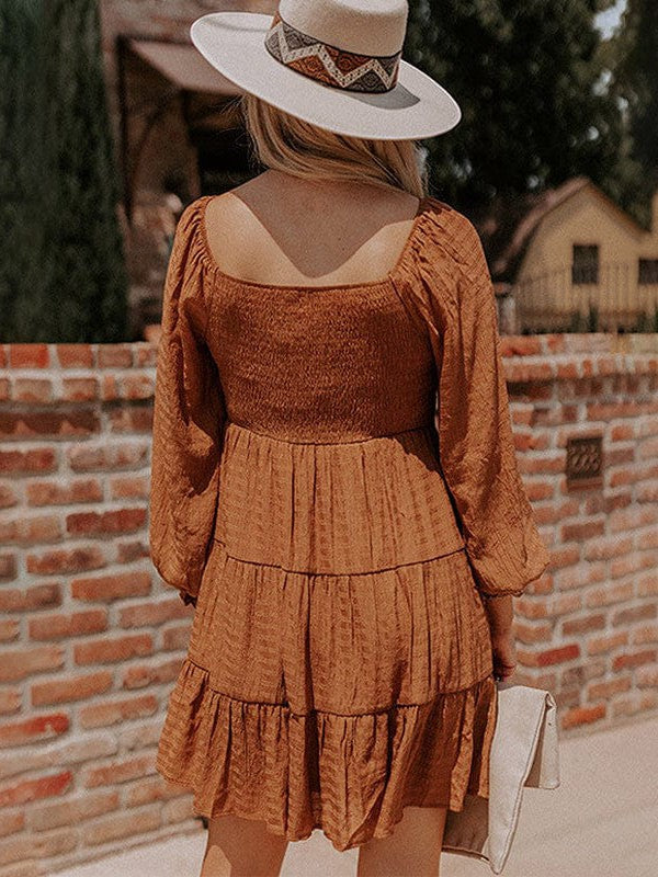 Pleated Ethnic Style U-Shaped Collar Dress with Puff Sleeves