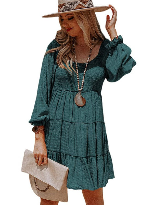 Pleated Ethnic Style U-Shaped Collar Dress with Puff Sleeves