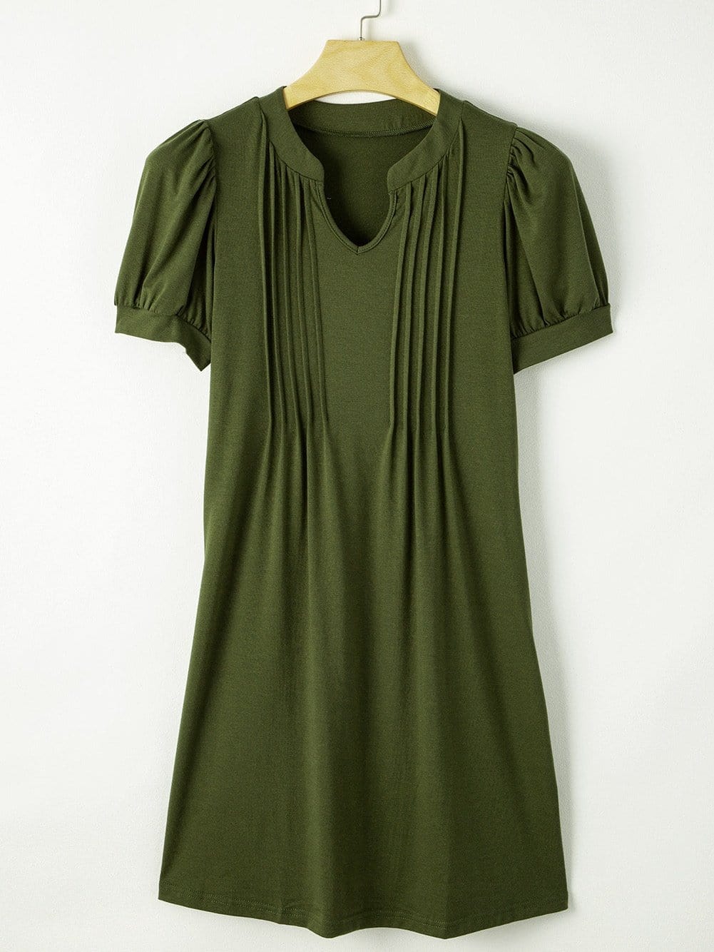 Pleated Fern Green Notched V-Neck Puff Sleeve Shift Dress