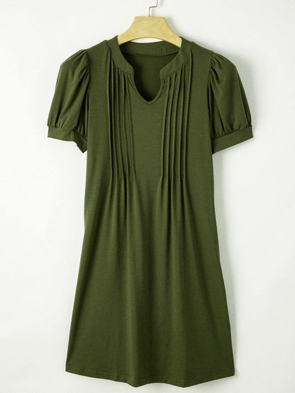 Pleated Fern Green Notched V-Neck Puff Sleeve Shift Dress