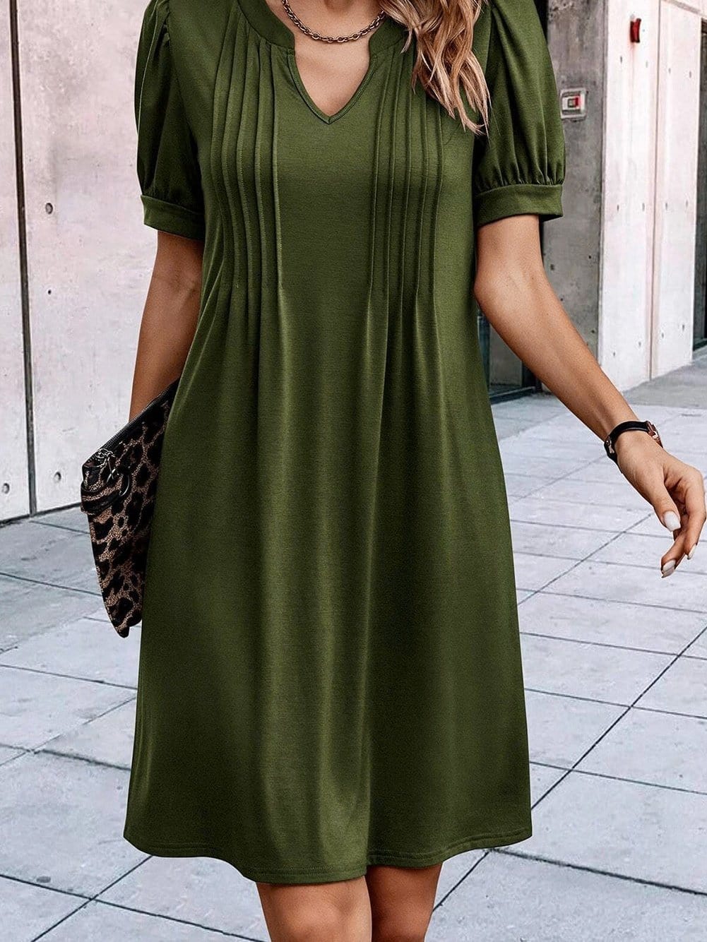 Pleated Fern Green Notched V-Neck Puff Sleeve Shift Dress