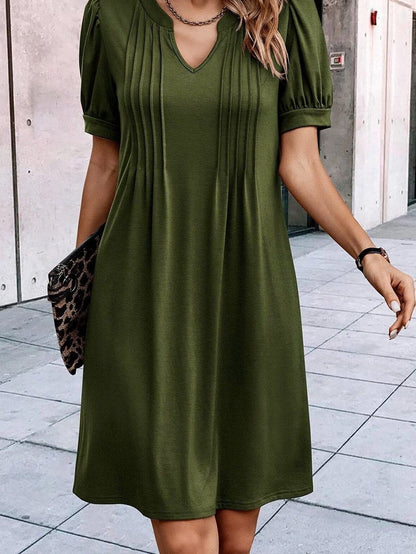 Pleated Fern Green Notched V-Neck Puff Sleeve Shift Dress
