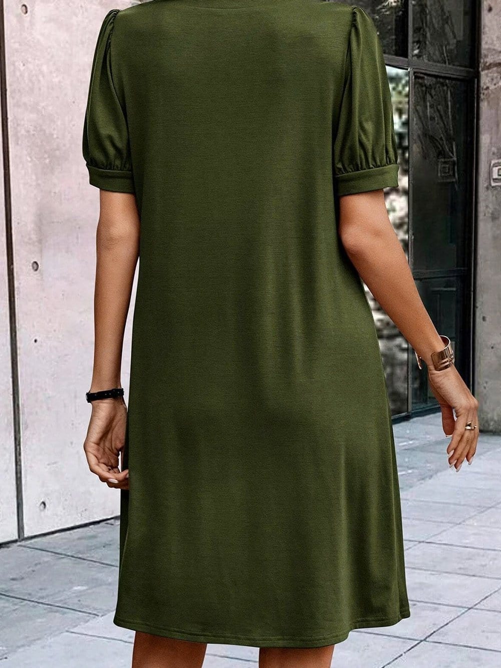 Pleated Fern Green Notched V-Neck Puff Sleeve Shift Dress