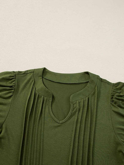 Pleated Fern Green Notched V-Neck Puff Sleeve Shift Dress
