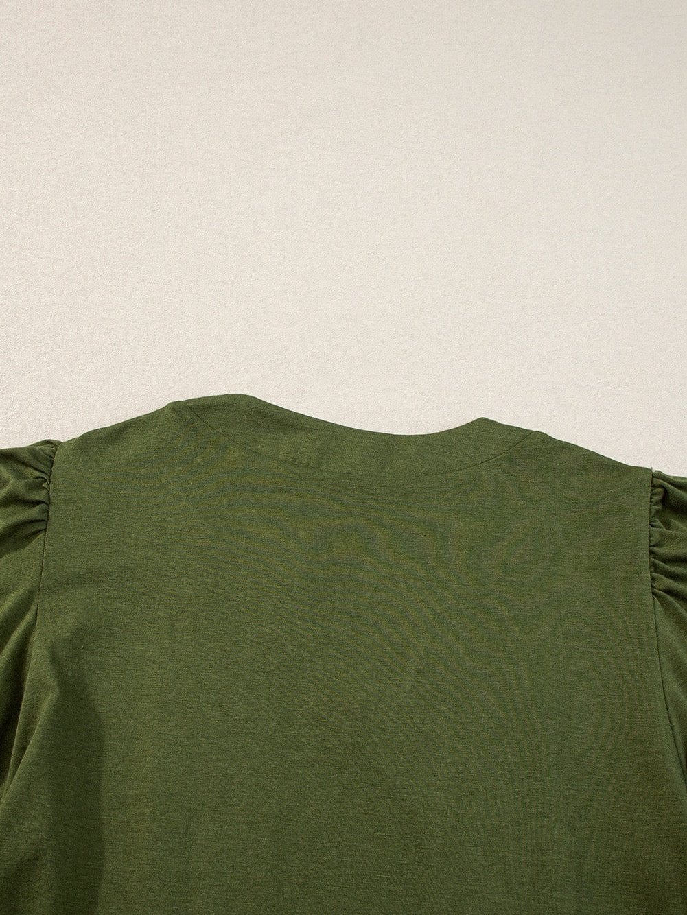 Pleated Fern Green Notched V-Neck Puff Sleeve Shift Dress