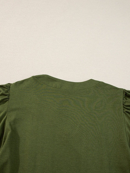 Pleated Fern Green Notched V-Neck Puff Sleeve Shift Dress