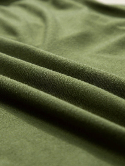 Pleated Fern Green Notched V-Neck Puff Sleeve Shift Dress