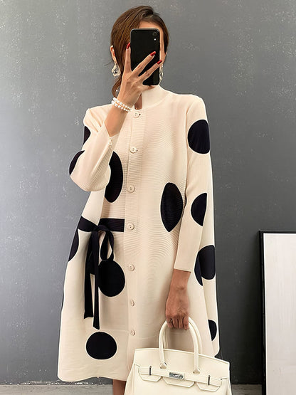 Pleated Polka Dot Tie Stand Collar Mini Dress