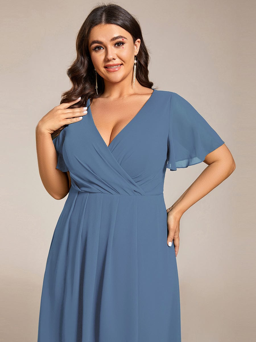 Pleated V-Neck Chiffon A-Line Midi Wedding Dress for Curvy Guests
