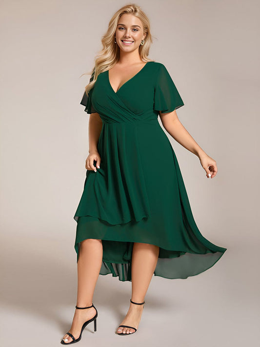 Pleated V-Neck Chiffon A-Line Midi Wedding Dress for Curvy Guests
