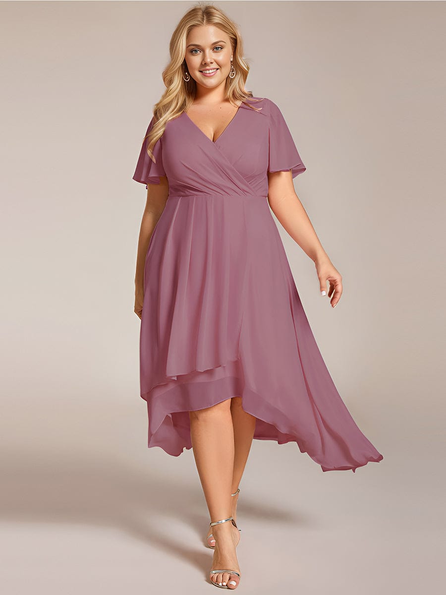 Pleated V-Neck Chiffon A-Line Midi Wedding Dress for Curvy Guests