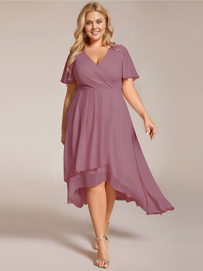 Pleated V-Neck Chiffon A-Line Midi Wedding Dress for Curvy Guests