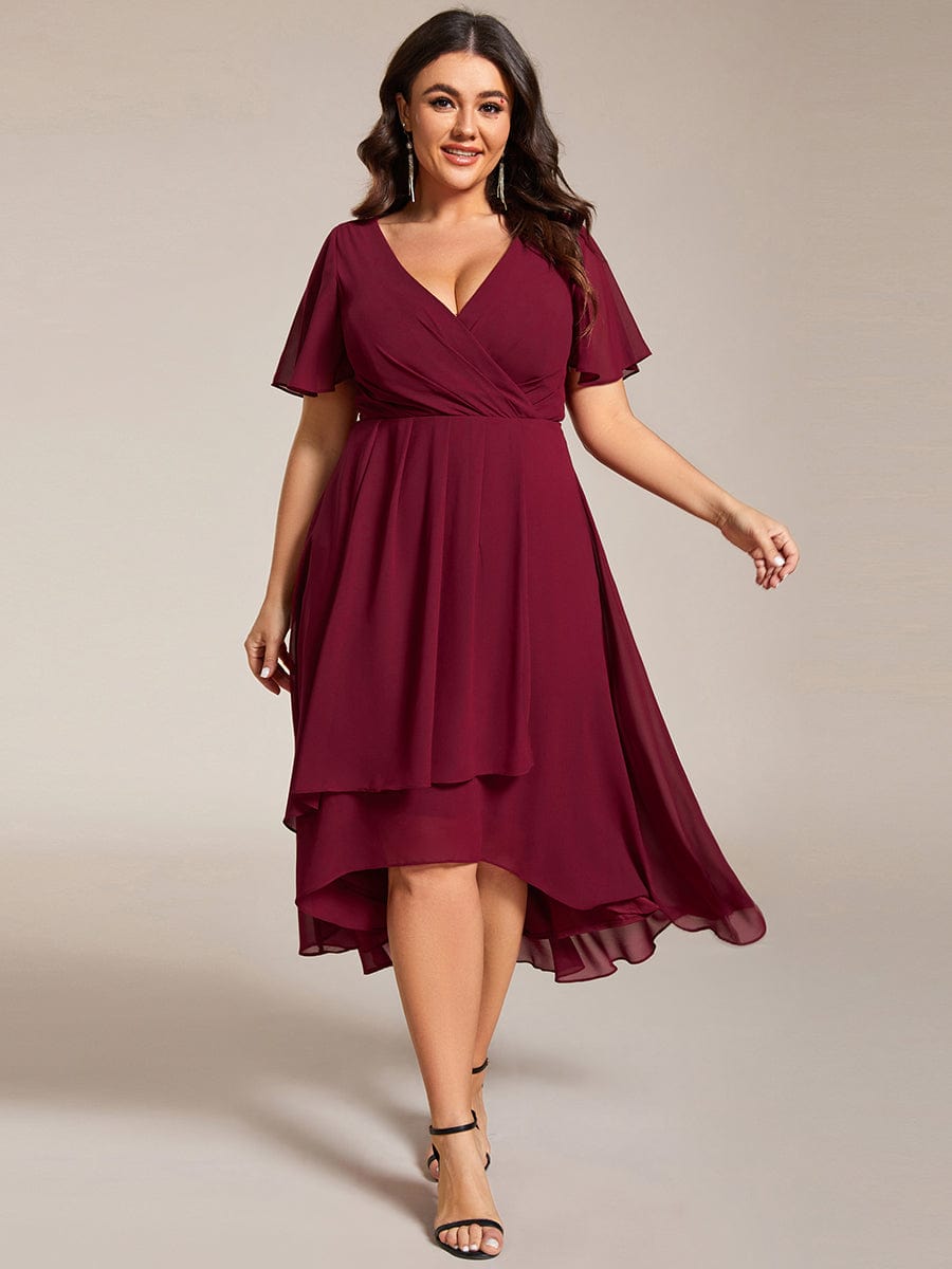 Pleated V-Neck Chiffon A-Line Midi Wedding Dress for Curvy Guests